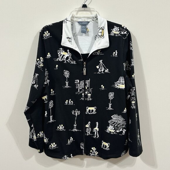 VTG 90s Koret Womens Knit Jacket w/ Pockets Full Zip Black City Scene Size LG - Picture 1 of 9